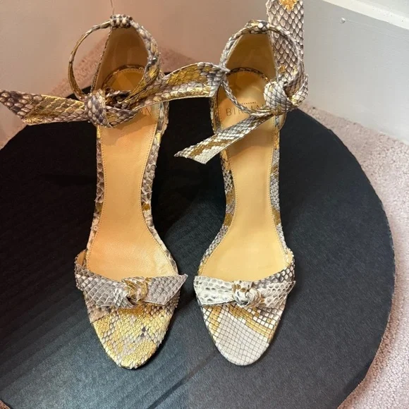 Alexandre Birman Clarita Bow Elegant Snakeskin High Heel Sandals Gold & Silver - Picture 6 of 9